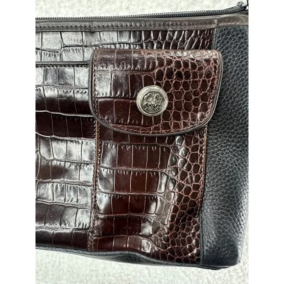 Brighton Croc Embossed Leather Shoulder Bag Purse Brown Black Silver Hardware - Picture 3 of 11
